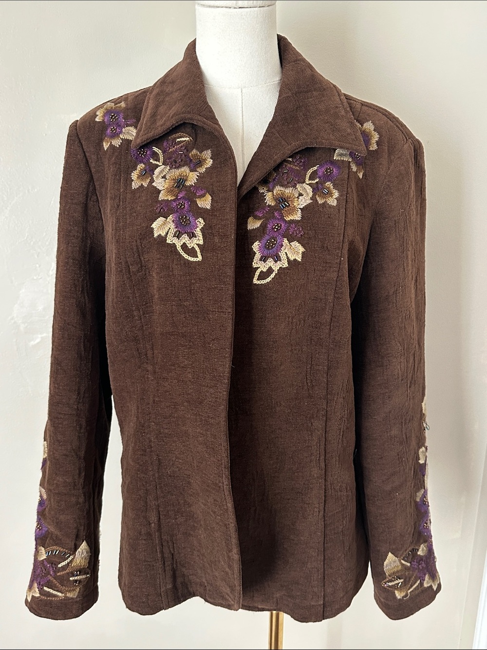 Vtg Chocolate Brown Floral Embroidered Beaded Blazer Size 16 Granny Fairy Grunge